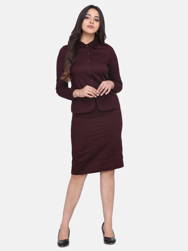 Elegant burgundy straight skirt outfit for women. Perfect for formal occasions.