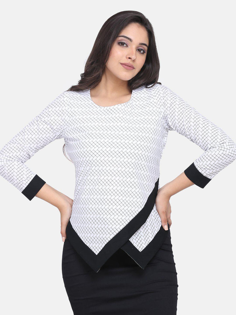 Geometric Pattern Patch Detail Cotton Top For Women  - White