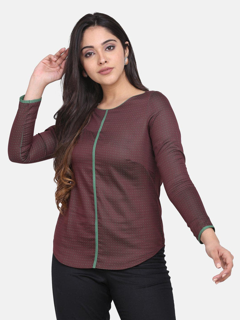 Cotton Top For Women With Green Piping Details - Brown