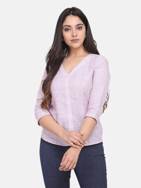 Striped Linen Cotton Top For Women - Pink