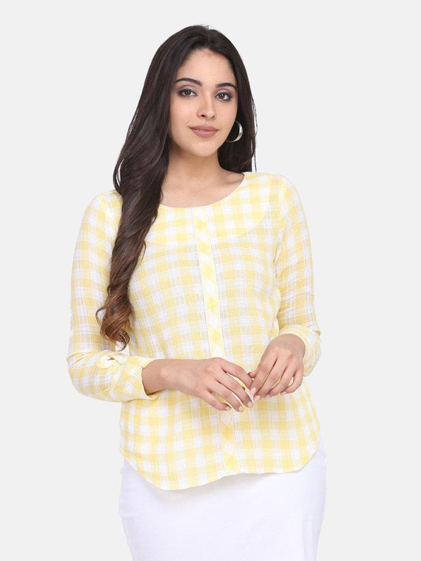 Checkered Cotton Top For Women - Lemon Yellow