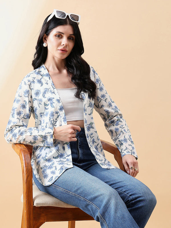 Front open cambric printed jacket in white and blue floral design.