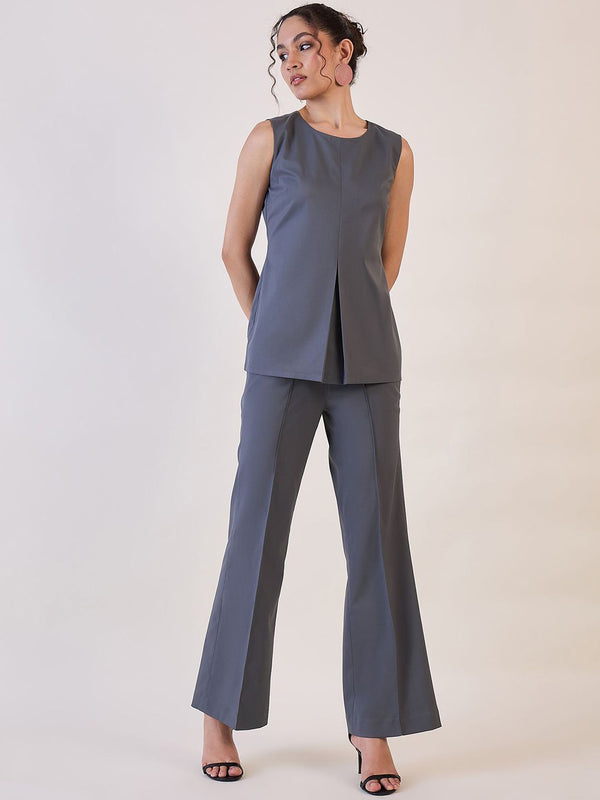 Grey Round Neck Top with Pin tuck Pants