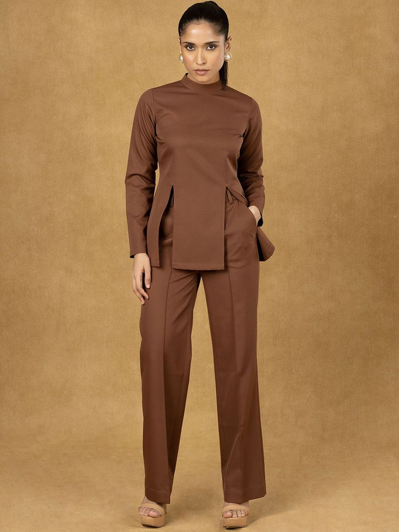 Brown Front Slit Top With Straight Trouser