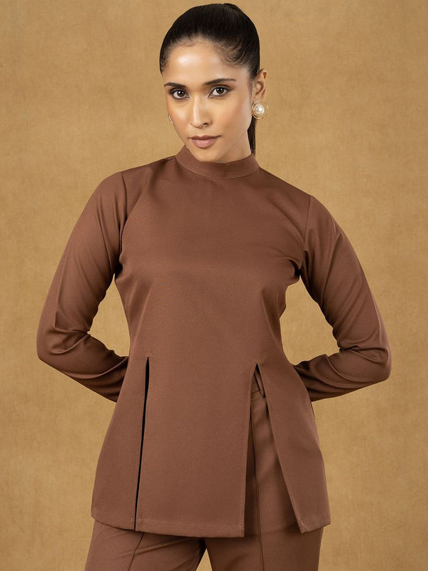 Brown Front Slit Top With Straight Trouser