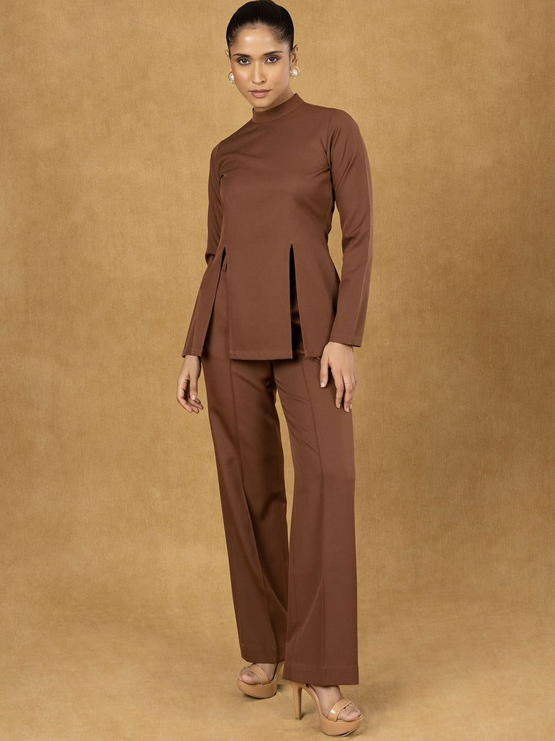 Brown Front Slit Top With Straight Trouser