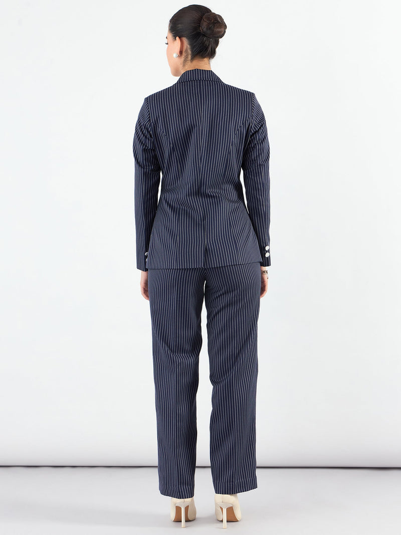 Blue-Striped Asymmetric Blazer With Tailored Elasticated Fit Trouser