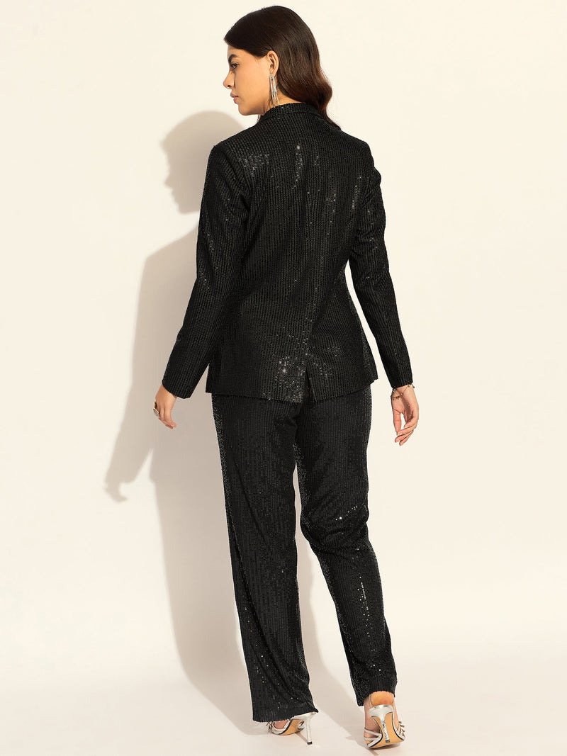 Black Sequined Single-Breasted Party Blazer With Trouser In Stretchable Fabric