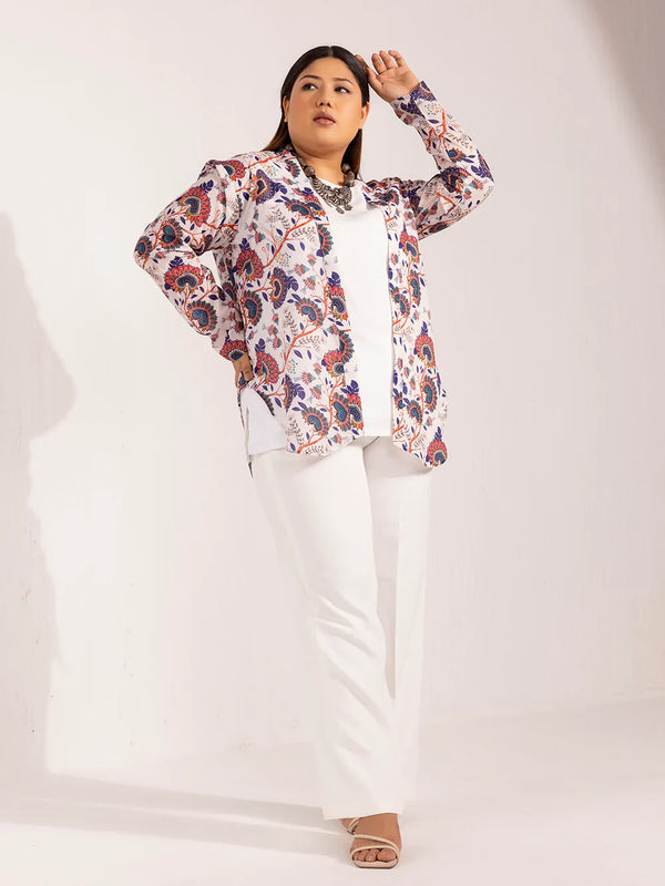 Front open printed jacket and wide bottom stretch trouser outfit.