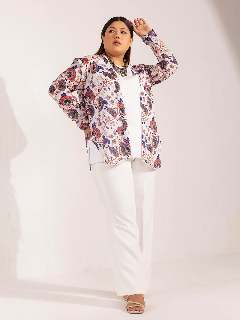 Front open printed jacket and wide bottom stretch trouser outfit.