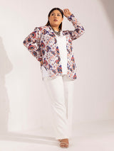 Front open white and blue printed jacket for stylish women.