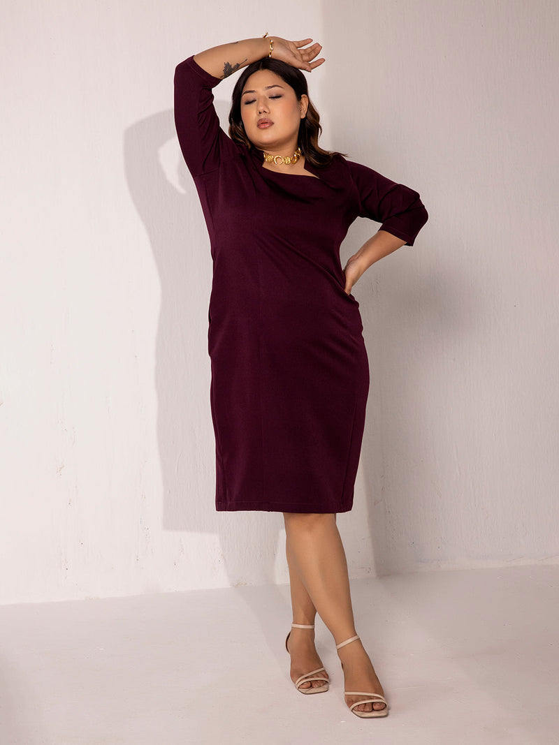 Slim fit pencil stretch dress in wine color on model.