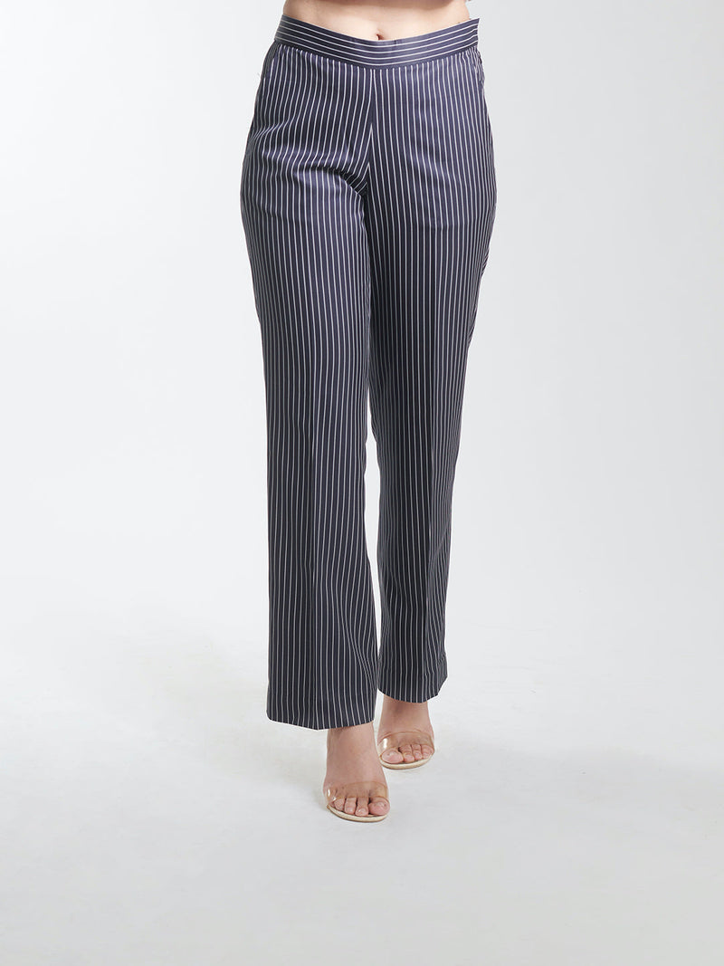 Navy blue striped trousers for women, stylish and comfortable.