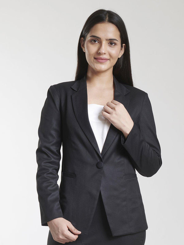 Poly Cotton Single Button Blazer For Women - Black