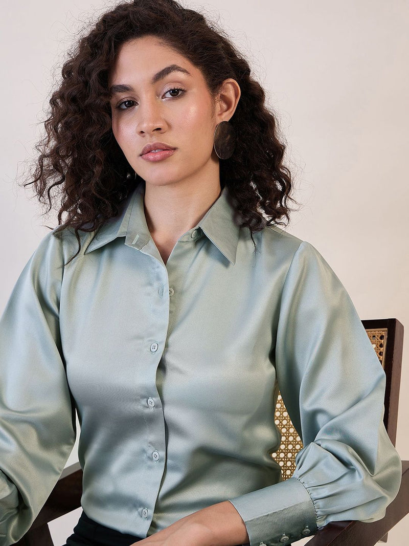 Sage Green Balloon Sleeve Satin Shirt