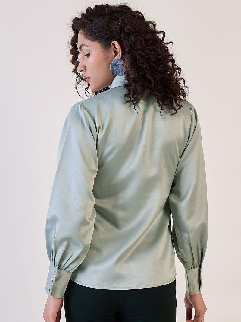 Sage Green Balloon Sleeve Satin Shirt