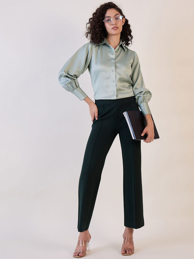 Sage Green Balloon Sleeve Satin Shirt