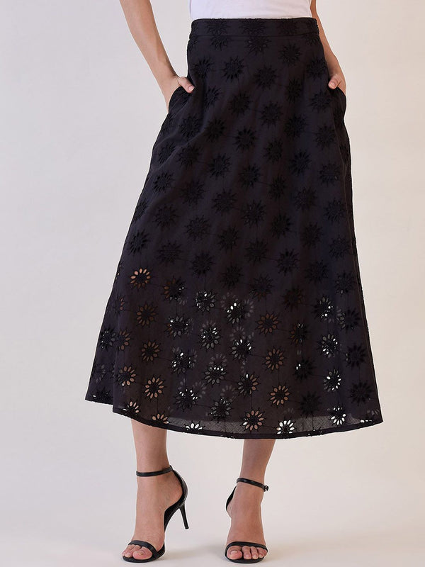 Black Schiffli Flared Skirt