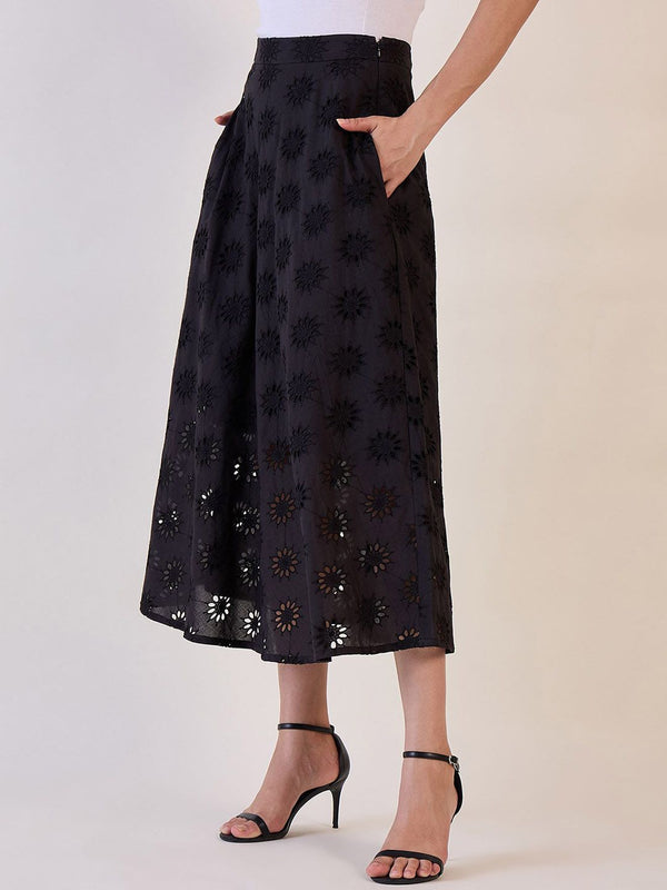 Black Schiffli Flared Skirt