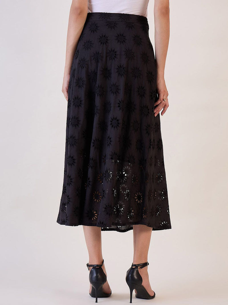 Black Schiffli Flared Skirt