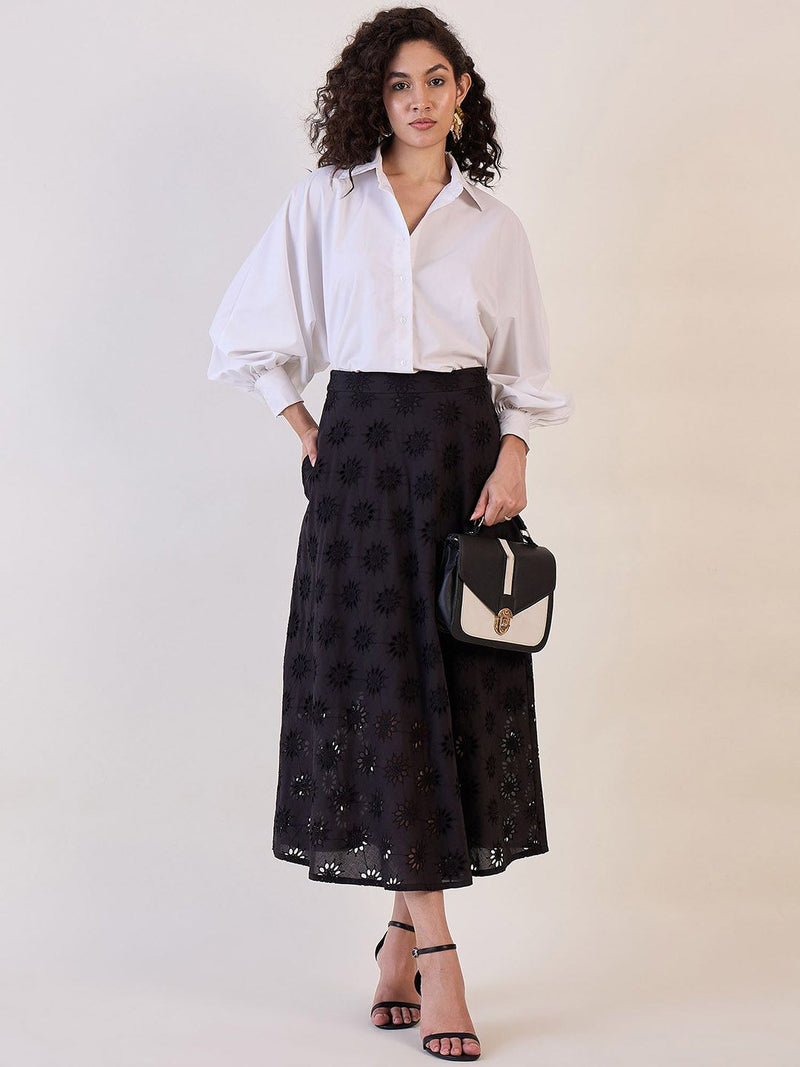 Black Schiffli Flared Skirt