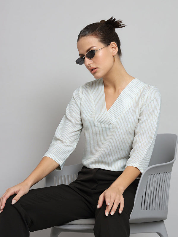 V-Neck Stripes Poly Linen Top in Beige displayed on model.