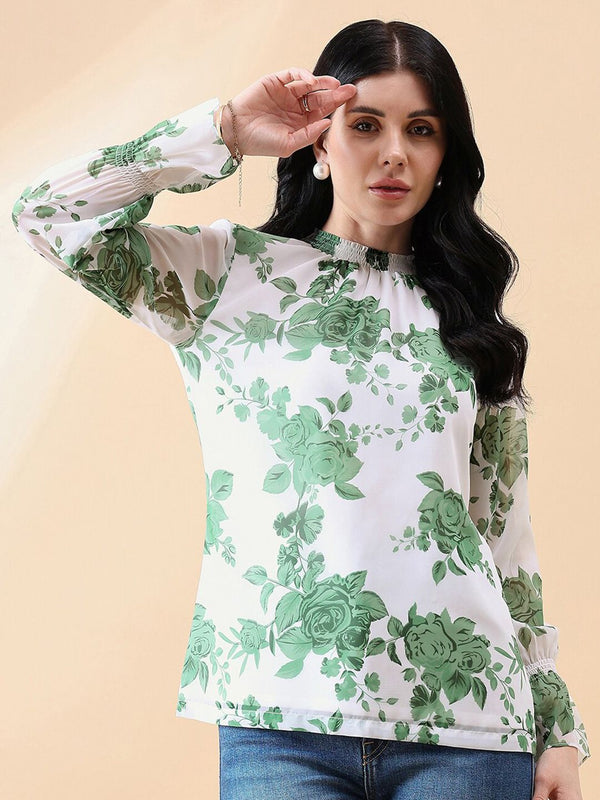 Ban-Neck Georgette Floral Top - Green/ White