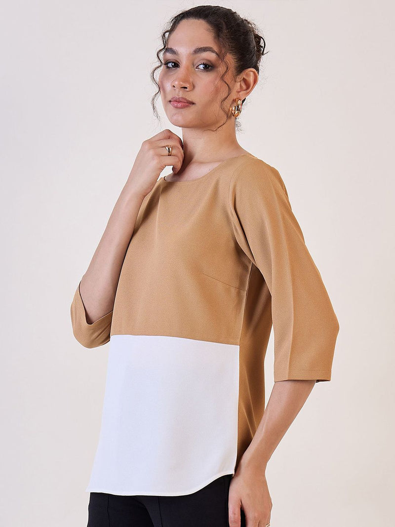 Beige And White Colourblock Top