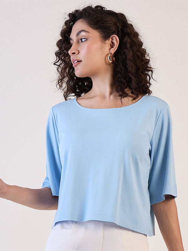 Blue Boat Neck Boxy Fit Crop Top