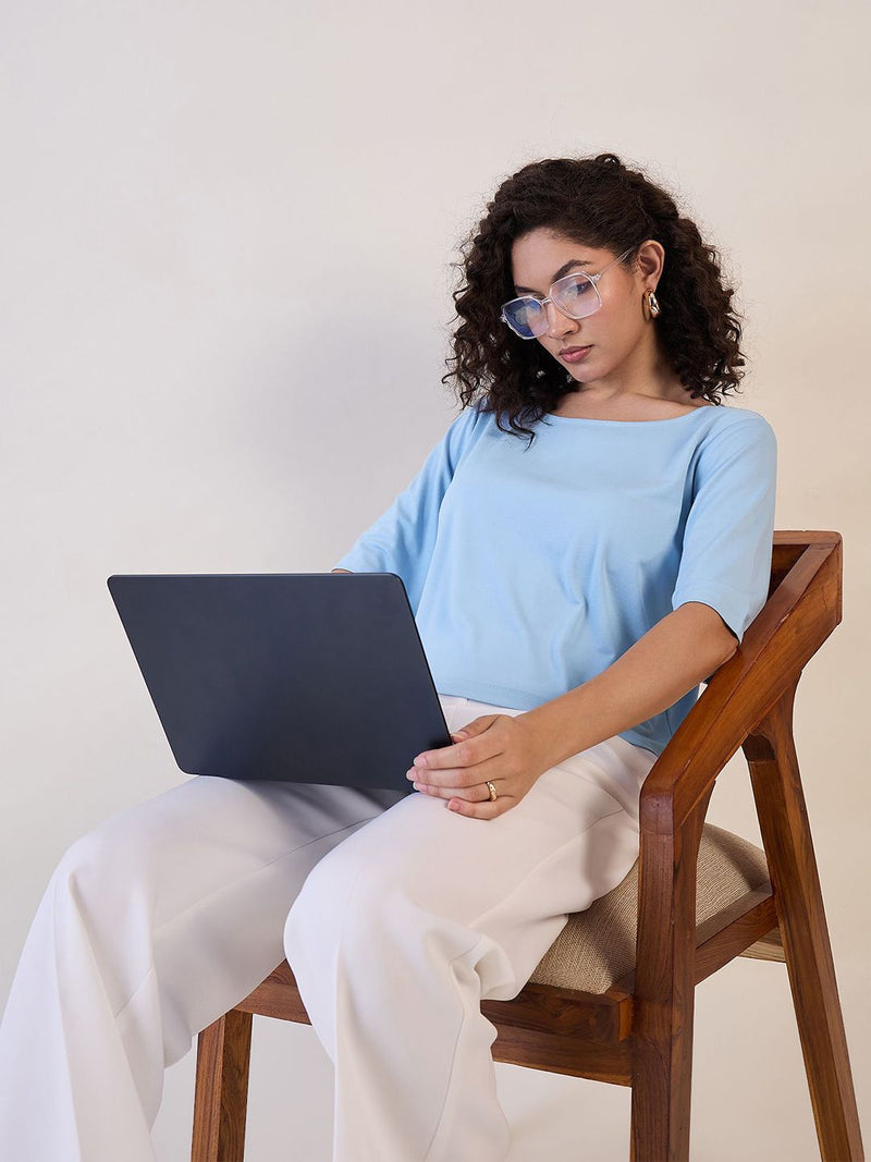 Blue Boat Neck Boxy Fit Crop Top