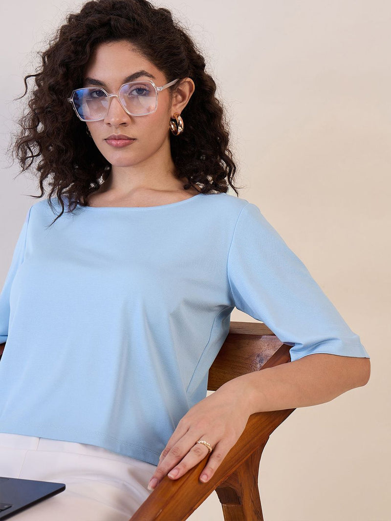 Blue Boat Neck Boxy Fit Crop Top