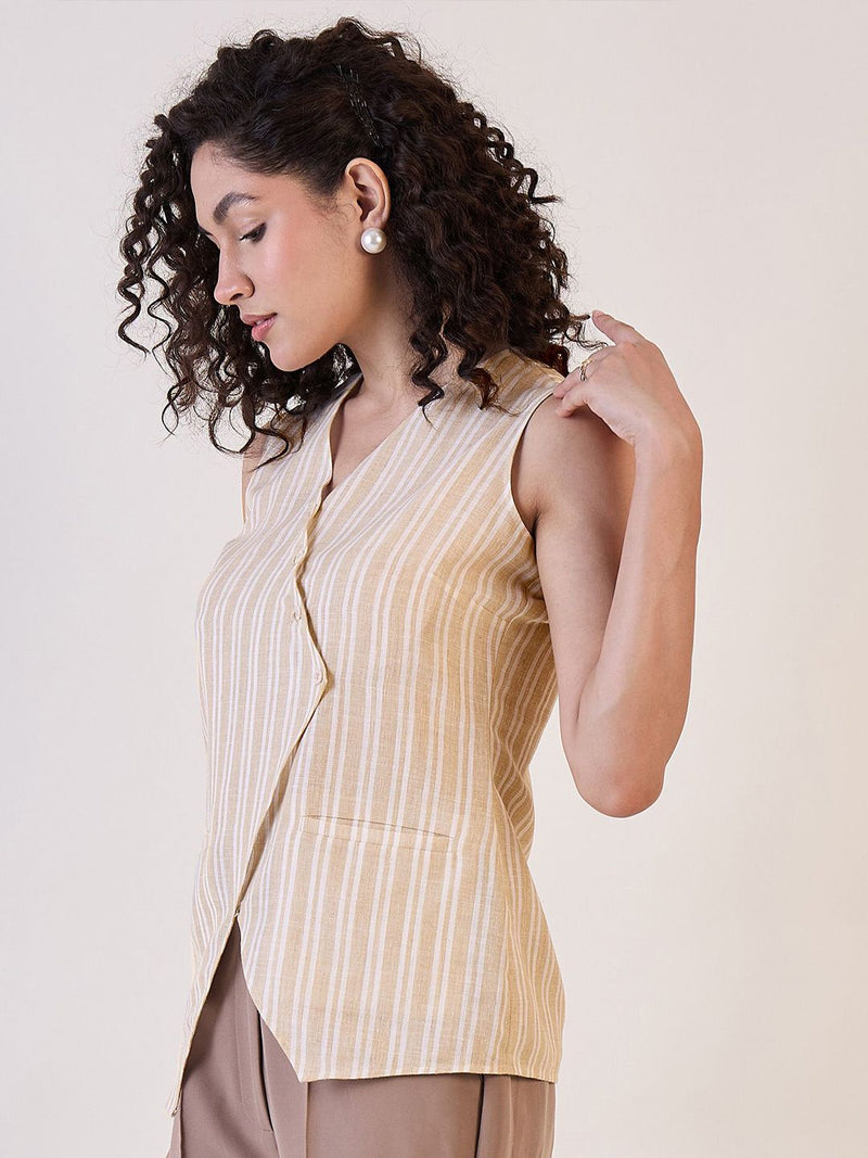 Beige Stripe Sleeveless Vest Top