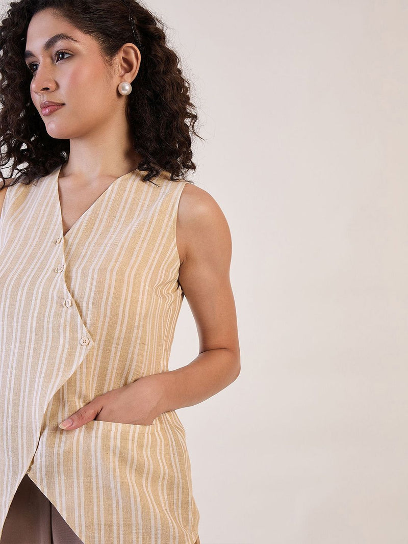 Beige Stripe Sleeveless Vest Top