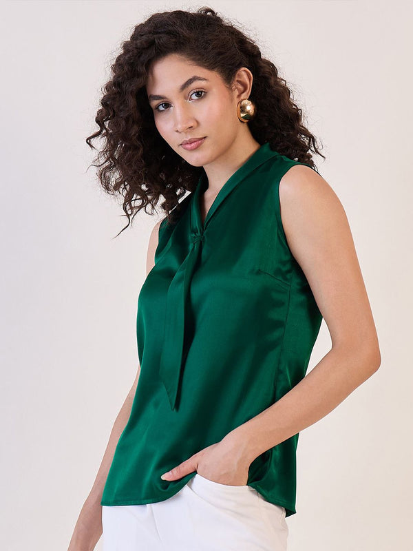 Green Satin Tie Collar Neck Top