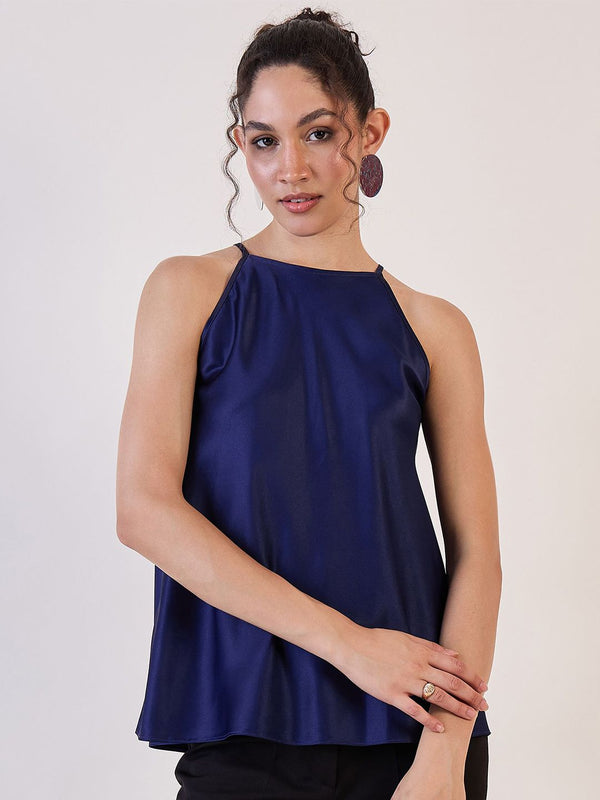 Blue Satin Halter Neck Top