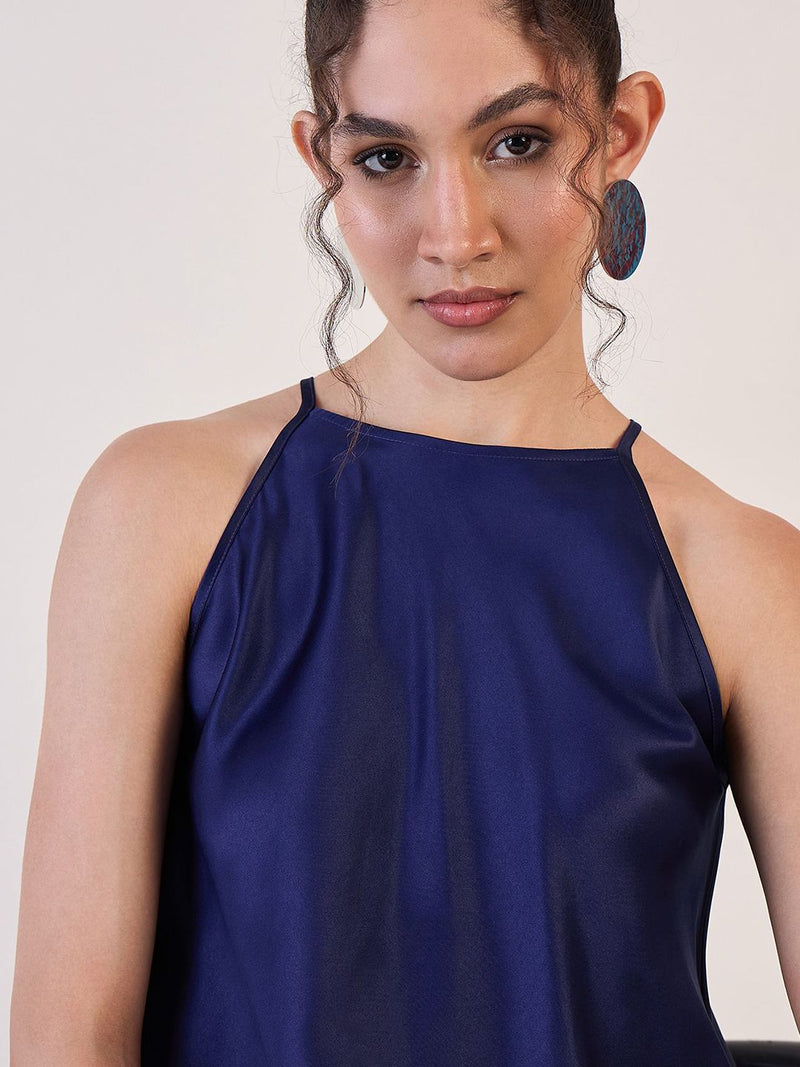 Blue Satin Halter Neck Top