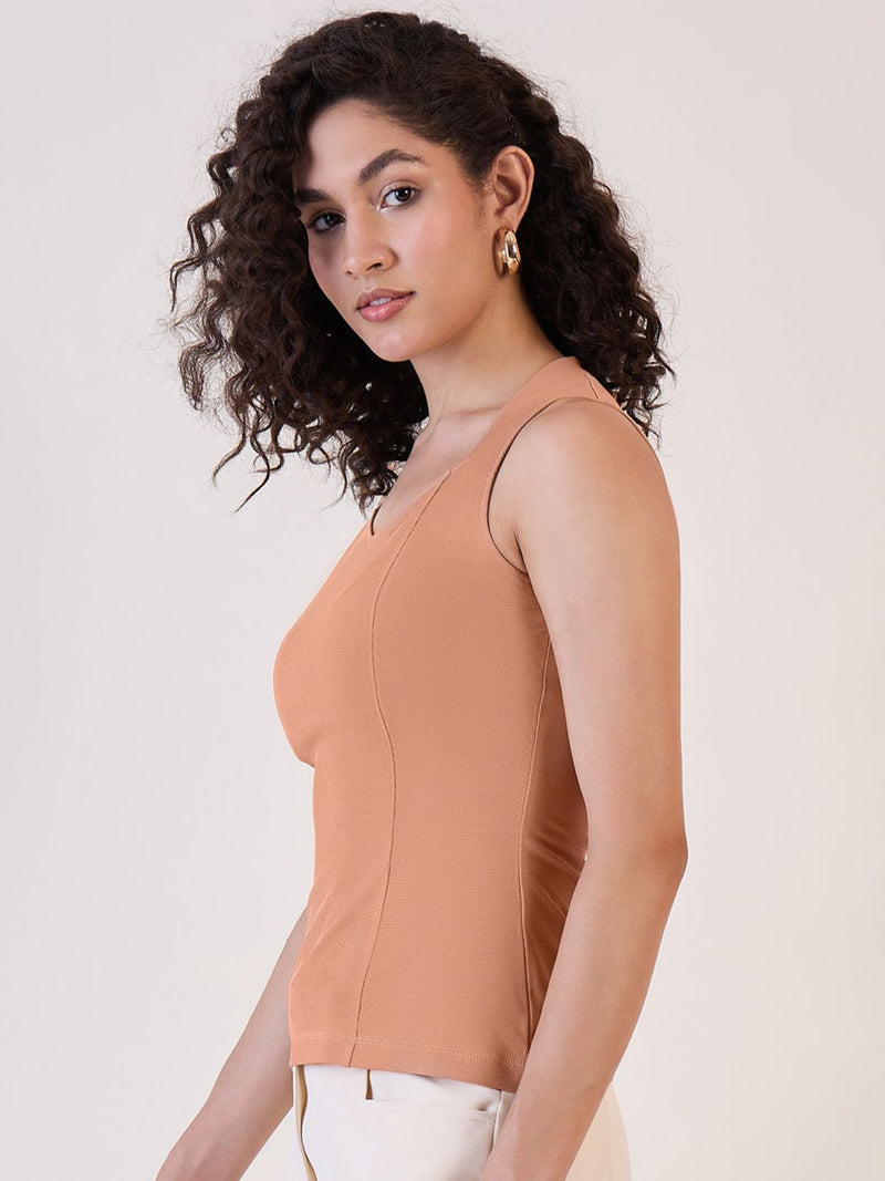 Camel Brown Sweetheart Neck Top