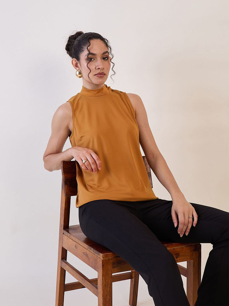 Mustard High Neck Sleeveless Top