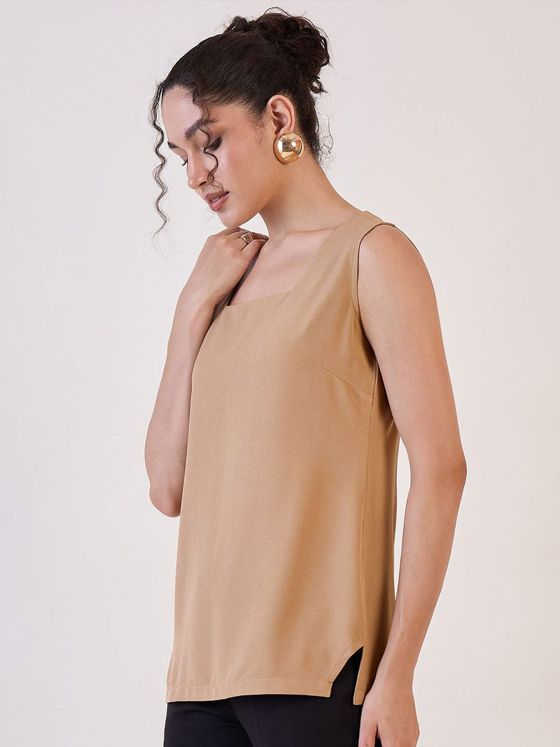 Beige Square Neck Basic Top