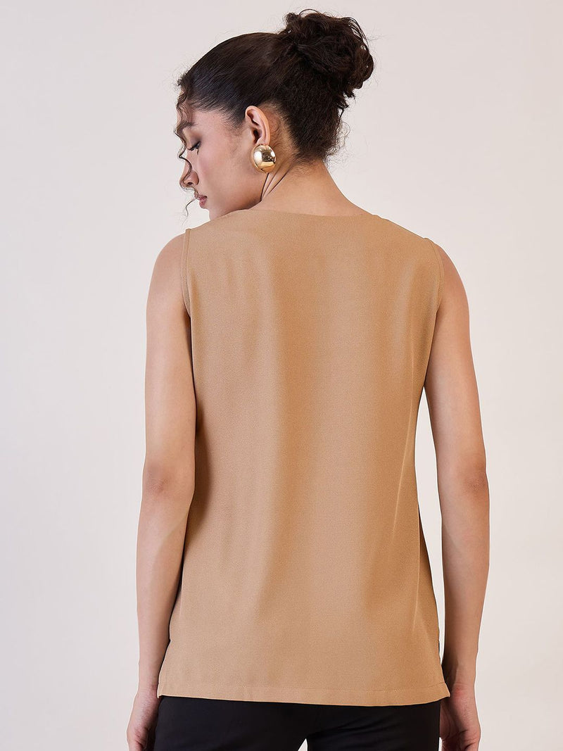 Beige Square Neck Basic Top