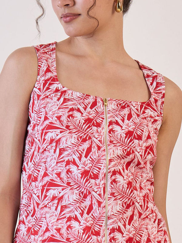 Red Leaf Print Front Zipper top