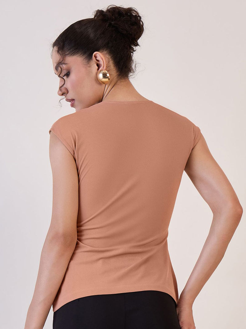 Camel Brown Wrap Knitted Regular Top