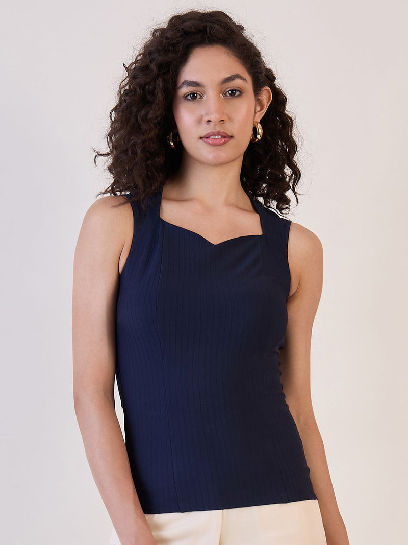 Navy Blue Sweetheart Neck Top