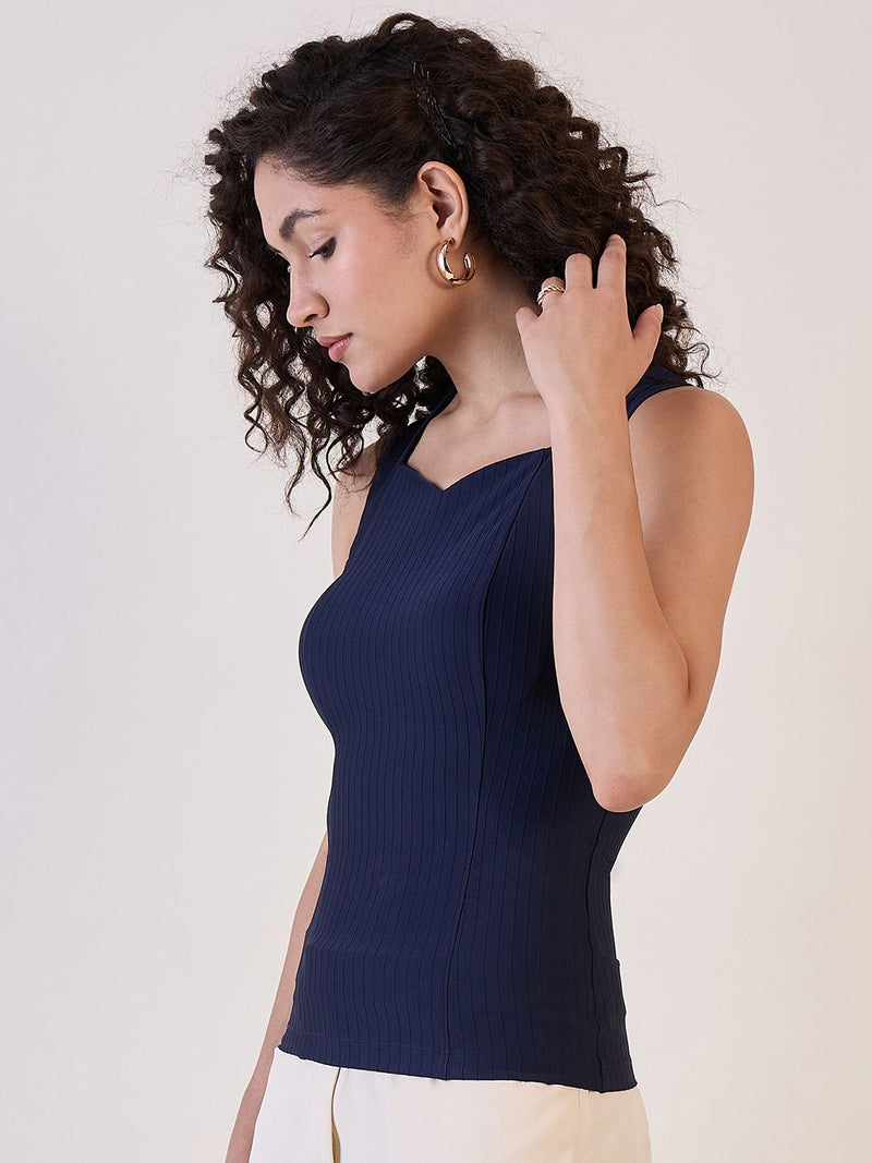 Navy Blue Sweetheart Neck Top