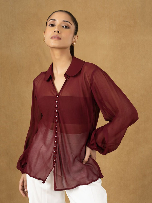 Maroon Solid Button Top