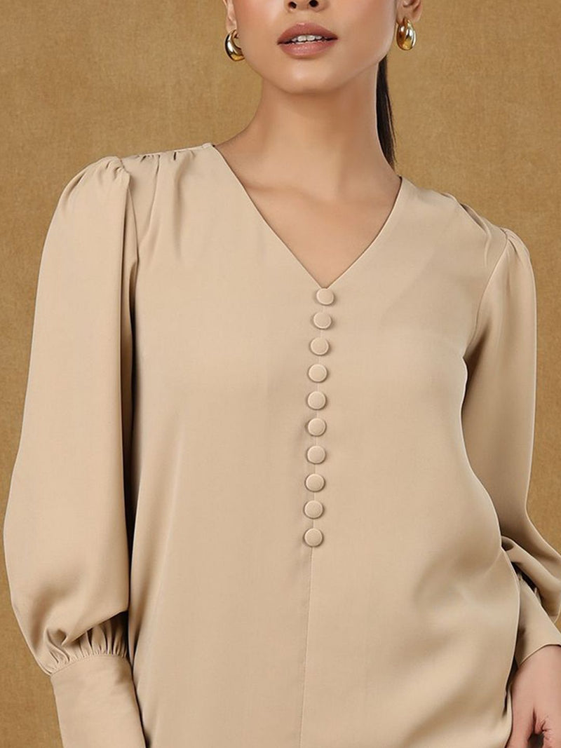 Beige V Neckline Button Down Top