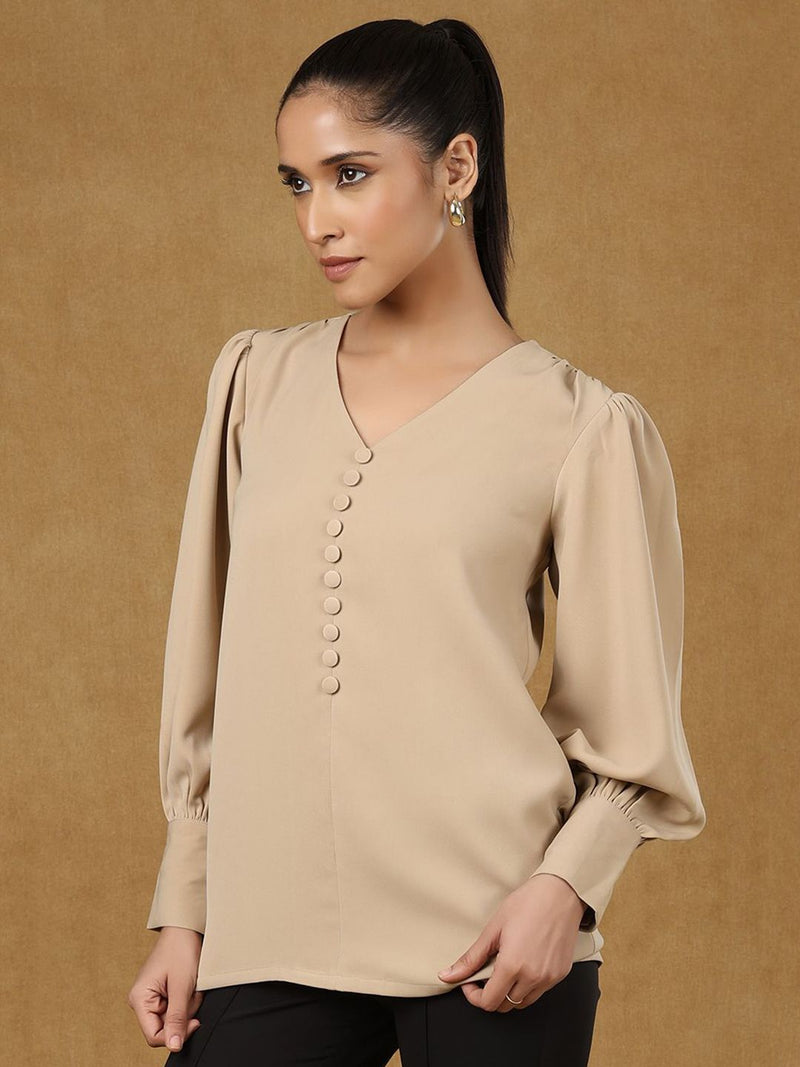 Beige V Neckline Button Down Top