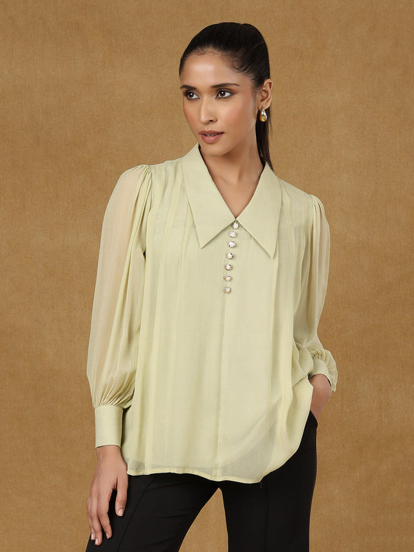 Lime green big collar top with buttons, stylish and elegant design.