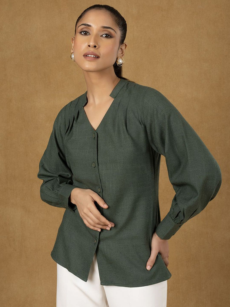 Green Mandarin Collar Pleated Top