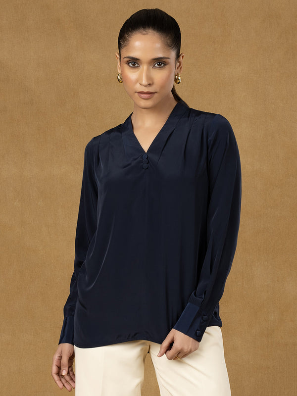 Navy blue V neckline pleated top for women's stylish wardrobe.